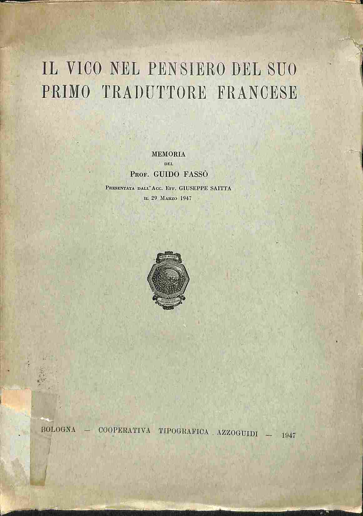 Il Vico nel pensiero del suo primo traduttore francese. Memoria